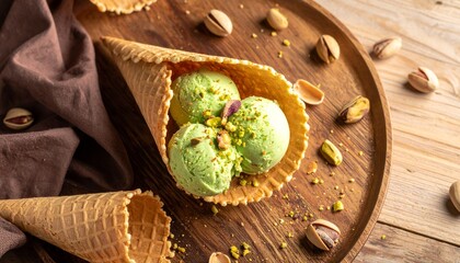 Pistachio ice cream in a wafer, pistachio crumbs on the ice cream, pistachios, shells, wafer crumbs scattered around, light wooden brown table, brown cloth, top view.
