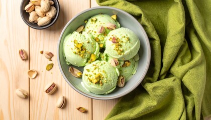 Pistachio ice cream scoops in a bowl, pistachio crumbs on the ice cream, pistachios and shells scattered around, light wooden brown table, green cloth, top view.