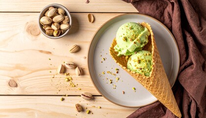 Pistachio ice cream in a wafer, pistachio crumbs on the ice cream, pistachios, shells, wafer crumbs scattered around, light wooden brown table, brown cloth, top view.