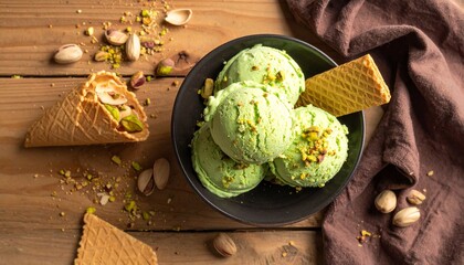 Pistachio ice cream with a wafer, pistachio crumbs on the ice cream, pistachios, shells, wafer crumbs scattered around, light wooden brown table, brown cloth, top view.
