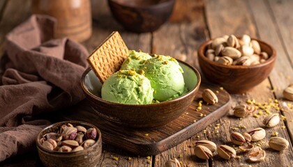 Pistachio ice cream with a wafer, pistachio crumbs on the ice cream, pistachios, shells, wafer crumbs scattered around, light wooden brown table, brown cloth.