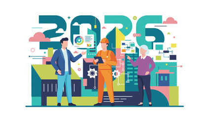 Professionals and industry worker planning for the future illustrated by the year 2026 and abstract data