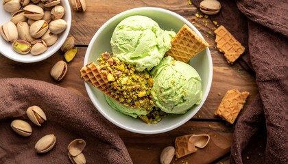 Pistachio ice cream with a wafer, pistachio crumbs on the ice cream, pistachios, shells, wafer crumbs scattered around, light wooden brown table, brown cloth, top view.