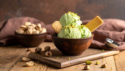 Pistachio ice cream with a wafer, pistachio crumbs on the ice cream, pistachios, shells, wafer crumbs scattered around, light wooden brown table, brown cloth.