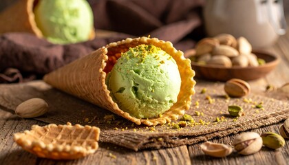 Pistachio ice cream in a wafer, pistachio crumbs on the ice cream, pistachios, shells, wafer crumbs scattered around, light wooden brown table, brown cloth.
