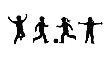 Silhouette of children playing soccer isolated on white background