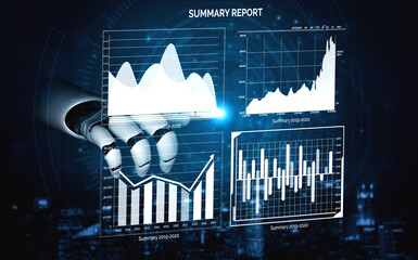 A robotic hand interacts with sleek data visualizations, presenting summary reports through dynamic graphs and charts, symbolizing advanced analytics technology. Impute