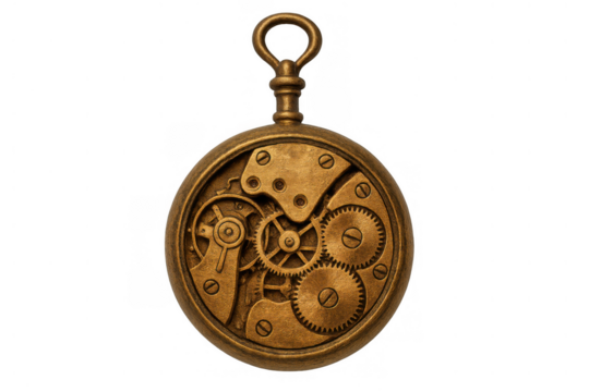 Antique bronze pocket watch with internal brass gears and intricate clockwork, symbolizing history, innovation, and retro technology