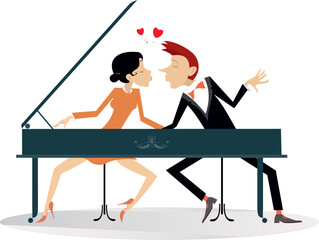 Man and woman play piano by four hands