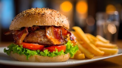 Delicious bacon cheeseburger served with golden french fries on a white plate