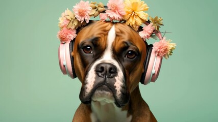 Close-up video concept of a boxer dog wearing pink headphones and a flower crown against a pastel green background, capturing a quirky, playful style. Live desktop wallpaper.