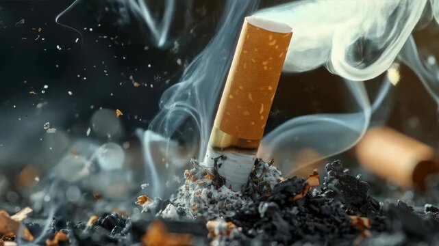A burning cigarette in an ashtray with smoke and smouldering particles symbolises the harm caused by smoking. Suitable for medical articles on the dangers of smoking, anti-smoking campaigns and social
