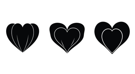 Three black hearts with different designs isolated on white background