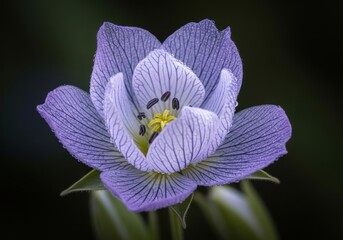 Delicate purple flower with intricate veining and dark background