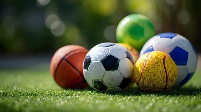 Assortment of various sports balls resting on vibrant green artificial turf outdoors