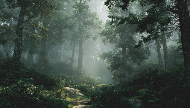 Lush, misty forest scene with tall trees and a sunlit path - Powered by Adobe