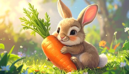 Cute Rabbit Eating Carrot in Sunny Meadow.