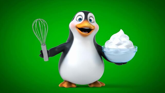 Cute Penguin Chef Preparing Dessert with Whisk and Cream on a Green Background Animated Character Rendering for Culinary Theme Projects