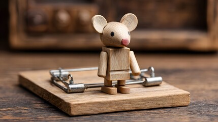 Wooden toy rodent stands precariously on a metal snap trap set on a dark surface