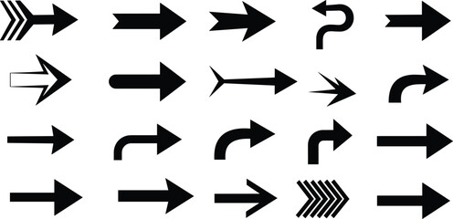 Arrow icons collection, navigation symbols, curved arrows, multiple heads, segmented lines, graphic design, vector set, direction pointer, interface, guide