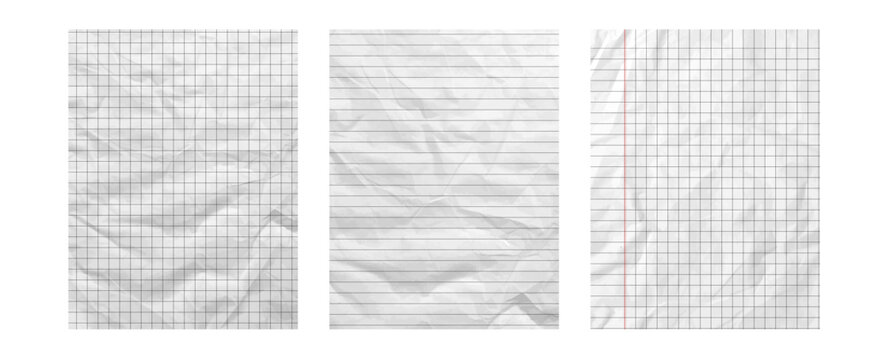 Checkered white paper set backgrounds with grey crumpled note texture and detailed fold design. Bg with lines and grid for school, education, craft, collage or scrapbook in realistic handmade style.