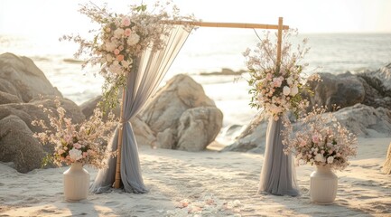 Beach wedding ceremony arch adorned with soft pastel flowers and flowing fabric