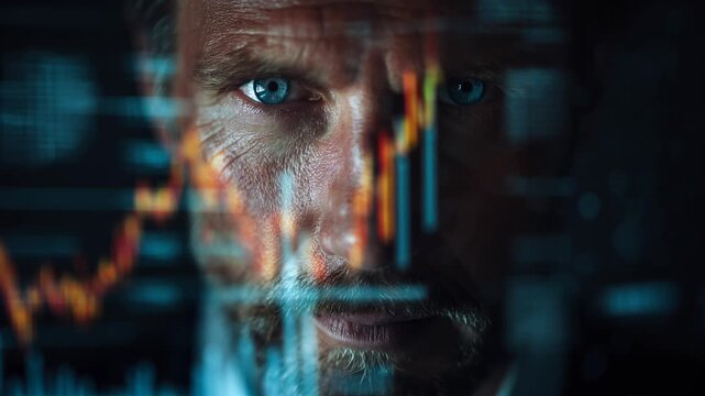 man observing market chart hologram with sharpened focus vison.