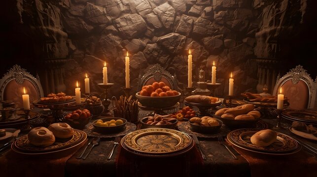 Candlelit Fantasy Feast Table in Stone Room.