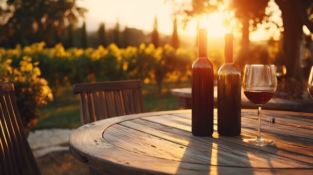 Two dark bottles and a full glass of red beverage rest on a wooden outdoor table overlooking a vineyard at sunset