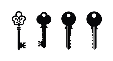 Four different keys isolated on white background are displayed in a row