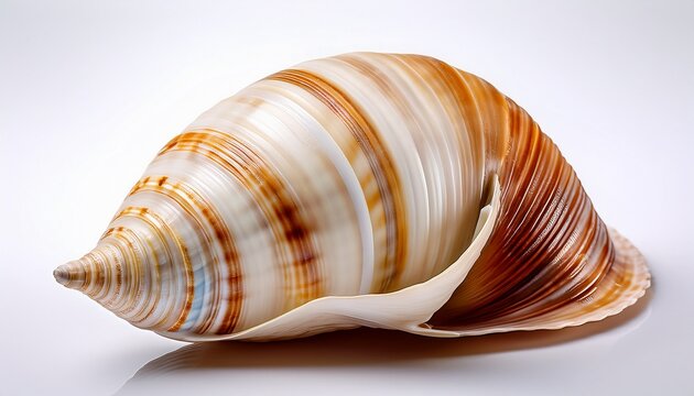 close up of spiral seashell with striped pattern the detailed texture and natural design of the shell are showcased in beautiful intricate spiral formation isolated on white background