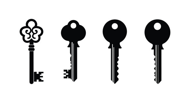 Four different keys isolated on white background are displayed in a row