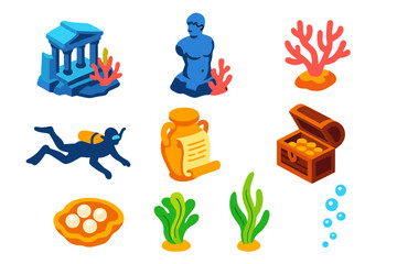 Underwater Classic Literature. Isometric vector illustration set Classic literature – underwater ruins, submerged statue, coral