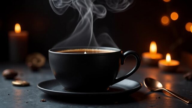 Steaming black coffee in dim candlelight creates a warm, cozy atmosphere perfect for relaxation or a moment of quiet contemplation