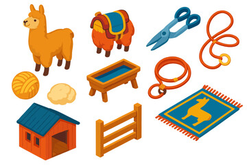 Obraz premium Colorful Farm Animals. Isometric vector illustration set Farm animals – llama, pack saddle, shear blade; wool skein, feeding
