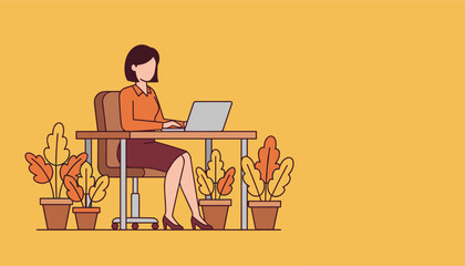 Businesswoman working on laptop at modern desk surrounded by indoor plants Flat vector illustration