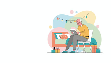 Elderly man uses tablet near holiday decorations and gifts Senior technology concept