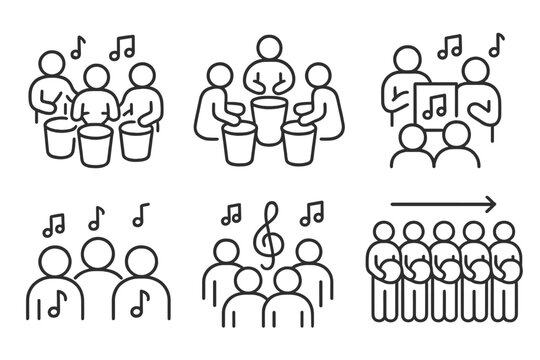Group Music Therapy Icons. Line style icons of group music therapy activities: collaborative rhythm, drum circle icon, shared song