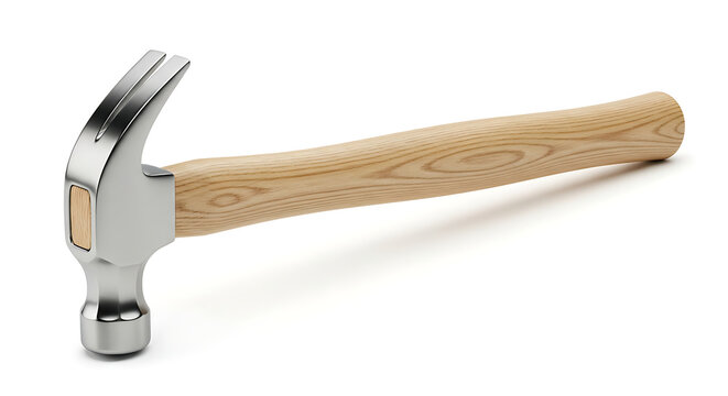 Close-up shot of a claw hammer with a wooden handle isolated on a white background