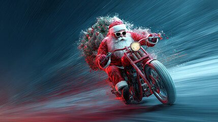 Fototapeta premium Santa Claus riding a fast motorbike on the street carrying a decorated Christmas tree.