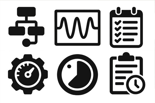 Pneumatic Therapy Icons. Solid style icons of pneumatic therapy protocols: program flow chart, pressure wave graph, session