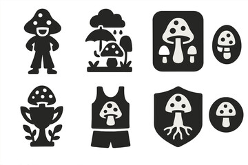 Fungi Apparel Icons. Solid style icons of themed living apparel sets: festival shroom set icon, rainwear fungi badge, garden party