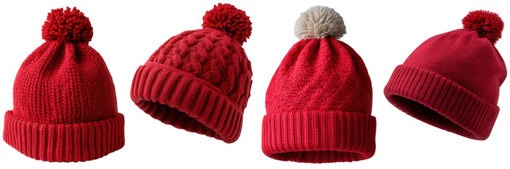 A charming arrangement of unique red knitted beanies with soft pom-poms, highlighting a cozy assortment for frosty days and outdoor warmth and comfort