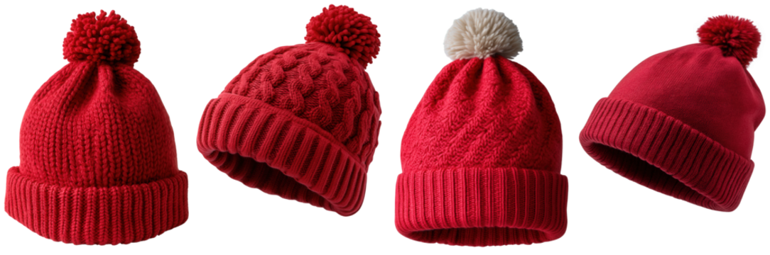 A charming arrangement of unique red knitted beanies with soft pom-poms, highlighting a cozy assortment for frosty days and outdoor warmth and comfort