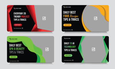 Editable tips and tricks video thumbnail banner design, food recipe, podcast video cover banner design, bundle video thumbnail banner design, vector eps 10 file form