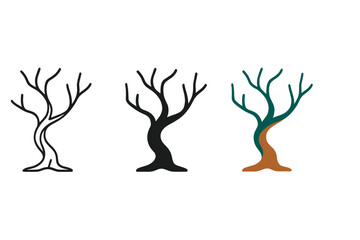 Minimalist Eerie Trees. Minimalist eerie tree icon: three identical twisted trees in a row, first in line style with thin outline,