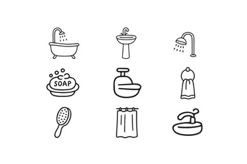 Line Art Bathroom Doodle Icon Collection Vector Illustration on White Background.