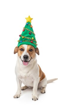 dog wearing a Christmas tree hat, holiday animal graphic, on a white background