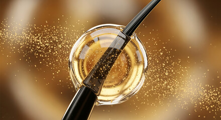 3D illustration of a black hair strand penetrating golden serum bubble surrounded by small particles, ideal for hair care and cosmetic concepts.