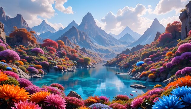 &ldquo;Vibrant garden planet with rainbow mountains, crystal lakes, and floating color-changing flora.&rdquo;
